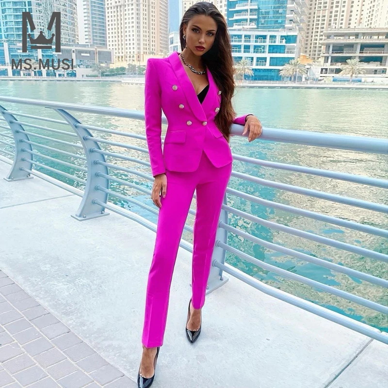 MSMUSI 2025 New Women Sexy Solid Two Piece Set Bodycon Turn Down Collar Button Long Sleeve Blazer Top Pencil Long Pant Set Suit