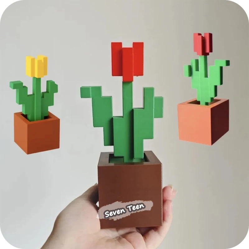 MC 3D Printed Game Peripheral Tulip Rose Creative Desktop Decoration Mini Ornament Pixel Potted Mosaic
