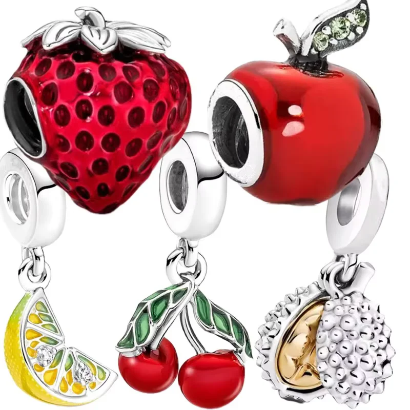 Fruit Series Strawberry Cherry Durian Lemon Apple Charm Bead DIY Jewelry Gift Fit Original 925 Sterling Silver Bracelet