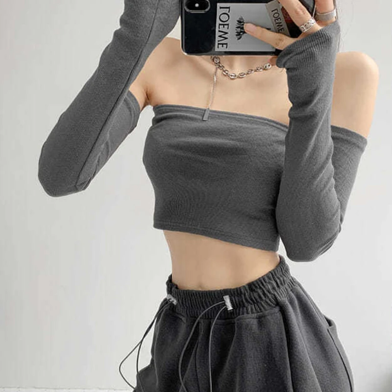 Strapless Camis Women Slim Off-shoulder Crop Tops Removable Sleeve Fashion Hot Girl Sexy Streetwear Hip Hop Feminino Clubwear