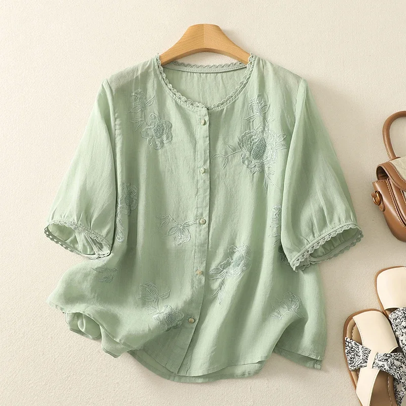 

Женские блузки в китайском стиле, винтажные рубашки с вышивкой, модная свободная летняя хлопково-льняная одежда, однотонные женские топы с короткими рукавами
