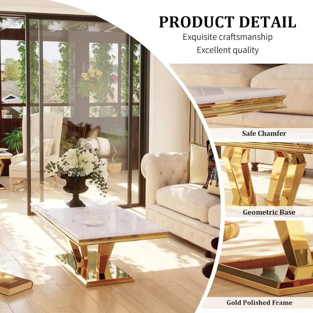 Mesa de centro retangular para sala de estar de 50 polegadas, base geométrica polida, usada para casa, escritório, mesa de centro para sala de recepção