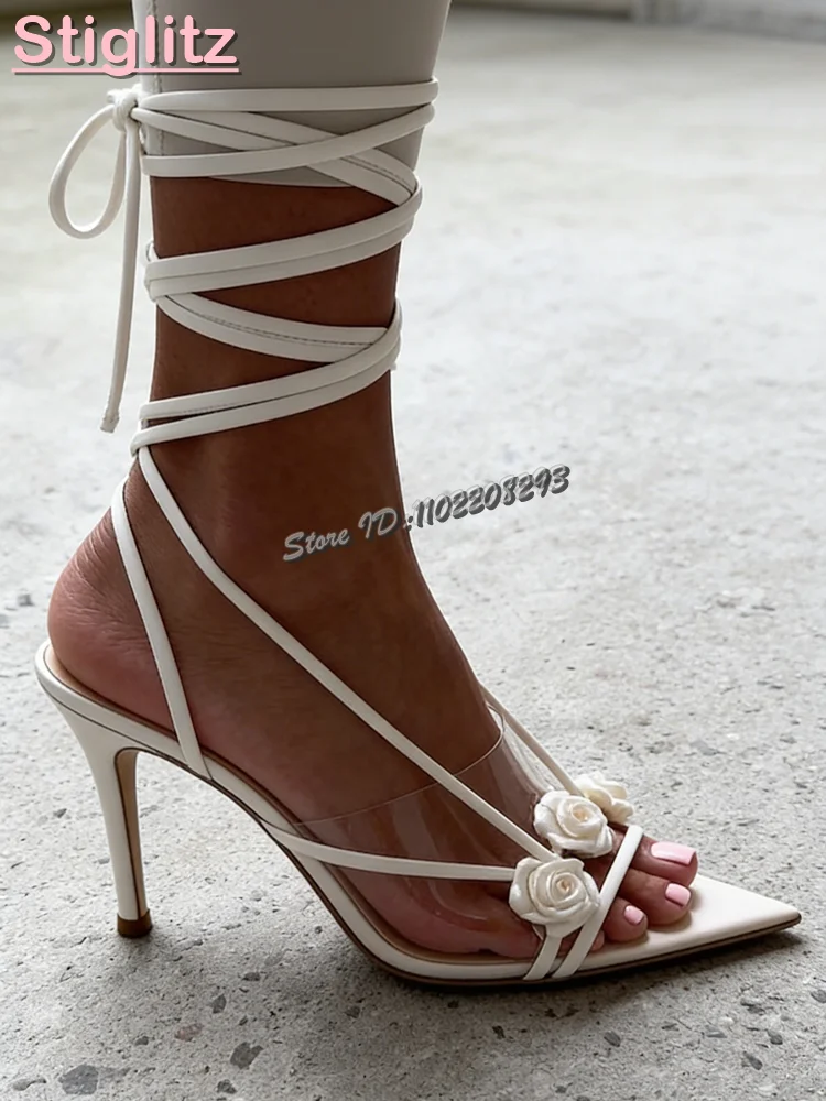 

Beige Satin Flower High Heel Sandals Pointed Toe Cross Strap Elegant Stilettos Fashion Dress Lace-up Shoes 2026 Spring New Women