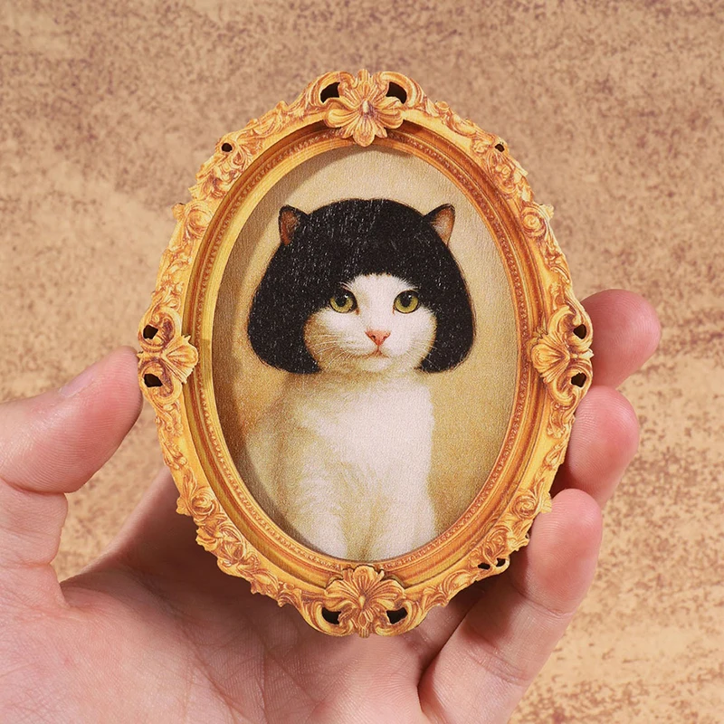 1Pc Mini Oval Retro Wooden Photo Frame Fridge Magnet Funny Cat & Haircut Modern Kitchen Decor Durable Refrigerator Ornament