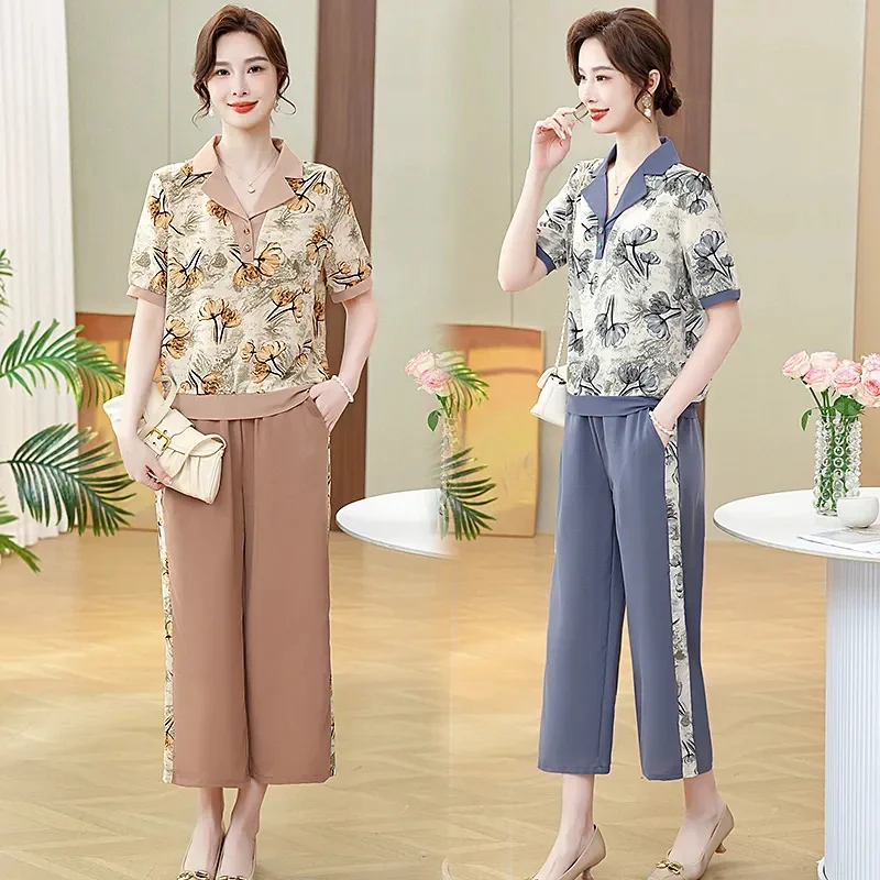 Chiffon Female Short Sleeved Two Piece Set Summer Mom Costume Fashion Outfit Summer Ladies Leisure Short Sleeved  Pants Suit