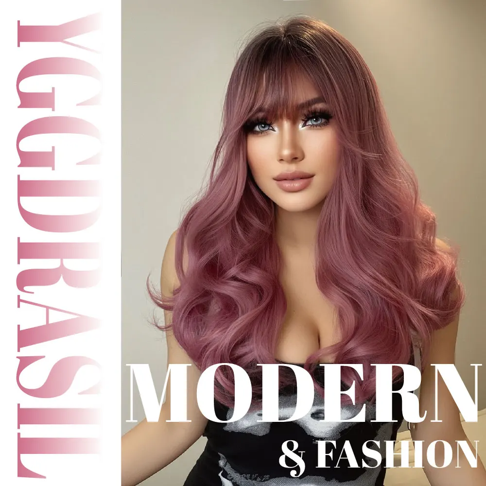 22Inch Black-Pinky-Purple Ombre Synthetic Wigs With Bangs Medium Wavy Hair Wig For Women Daily Use Cosplay Party Heat Resistant