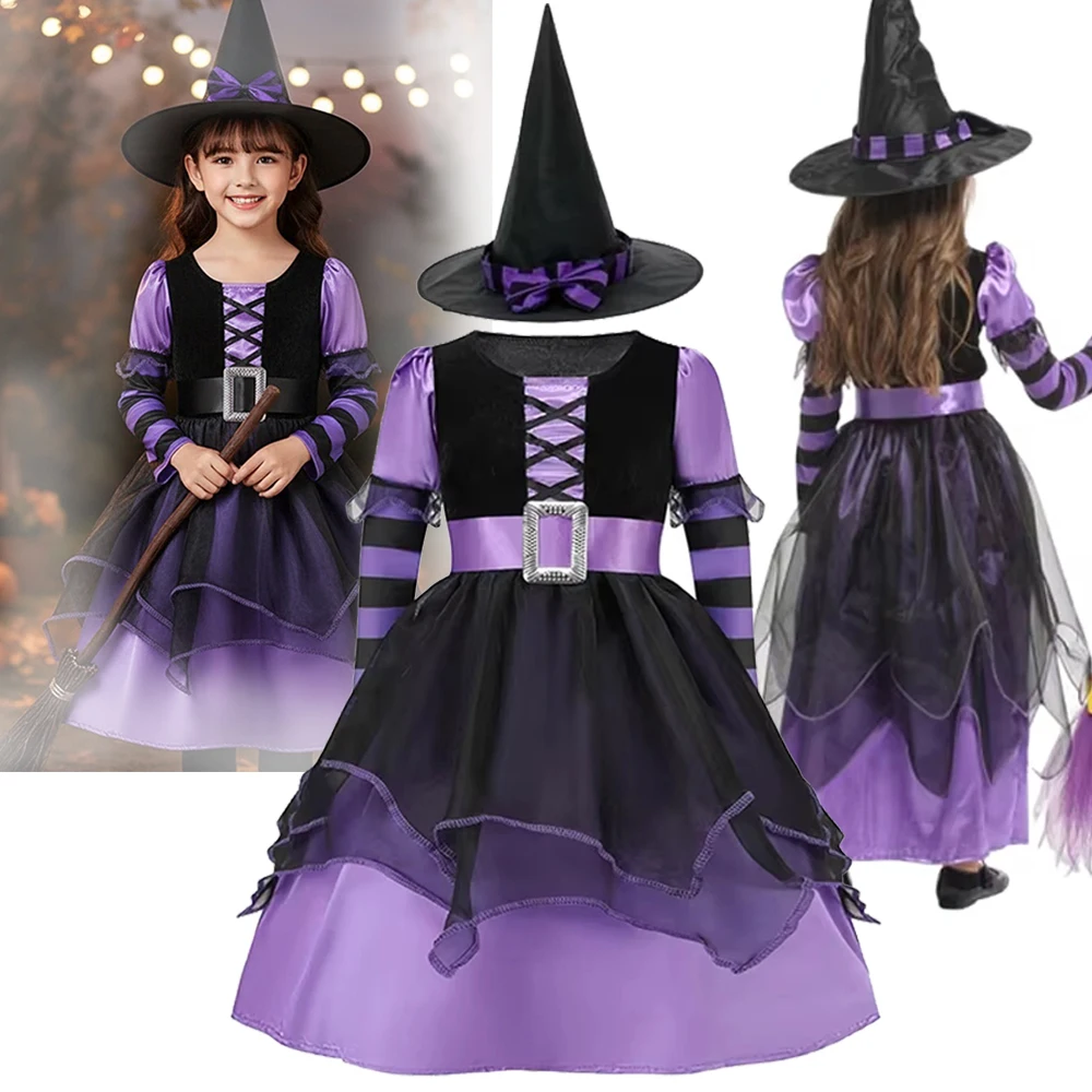 Children Cosplay Purple Witch Costume Girls Halloween Vampire Wizard Dress Kids Clothes Bat Spider Party Role Play Outfits
