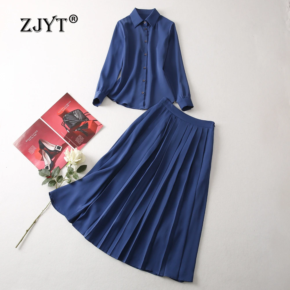 ZJYT Autumn Long Sleeve Blouse and Skirt Sets for Women 2 Pieces Blue Outfits Elegant New In Matching Dress Sets Office Lady