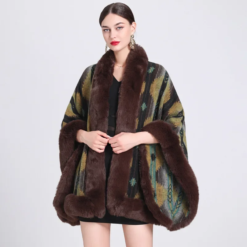 

Oversize Women Winter Thick Velvet Mantle Faux Fur Collar Loose Overcoat Big Pendulum Cappa Batwing Sleeves Printed Shawl Cloak