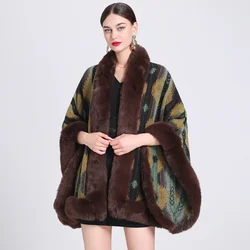 Oversize Vrouwen Winter Dikke Fluwelen Mantel Faux Bontkraag Losse Overjas Grote Slinger Cappa Batwing Mouwen Gedrukt Sjaal Mantel