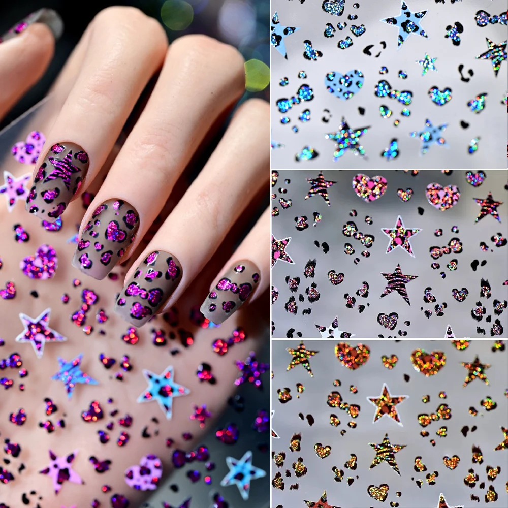 Pegatina navideña para uñas con lazo de estrella de leopardo rojo 3D, diseño de gelatina brillante, calcomanías artísticas para uñas con punta de leopardo Y2k, suministros de manicura picantes para niñas