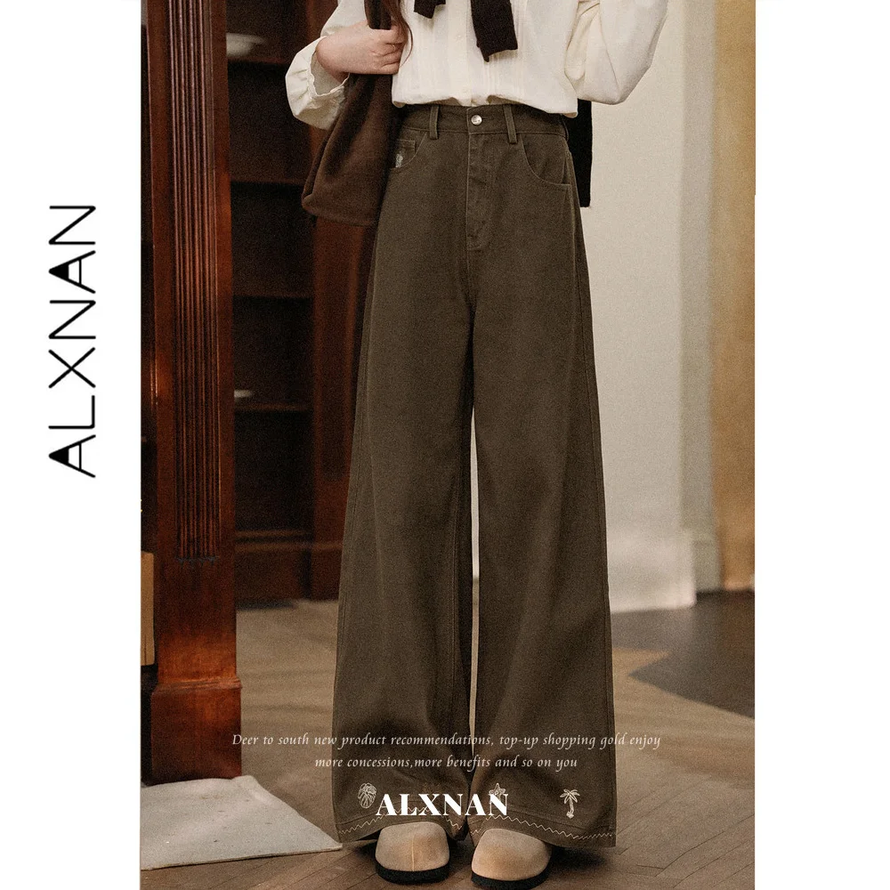 ALXNAN 2026 Fall Brown Jeans High Waist Draping Effect Wide-leg Women's Long Pants Cotton 100% Casual Denim Pants L678102A