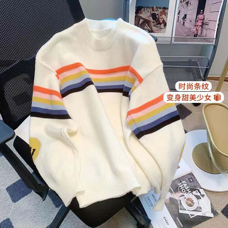 Lazy Smiley Rainbow Stripe Sweater, Knitwear, Women\'s Autumn And Winter Wear, Versatile Loose And Thin, Foreign Pullover Top