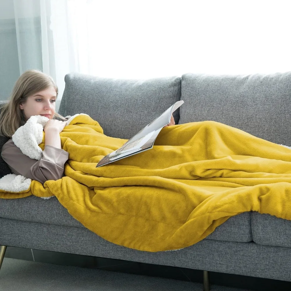 12 Pack Bulk Twin Sherpa Blankets 60x80 Mustard Soft Warm Cozy Throw for Bed Couch Travel