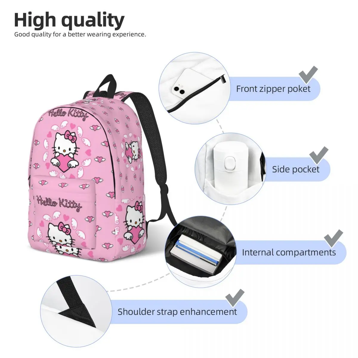 Mochila Kawaii Sanrio HelloKitty para hombre y mujer, morral informal de lona para ordenador portátil, senderismo, viaje, deportes