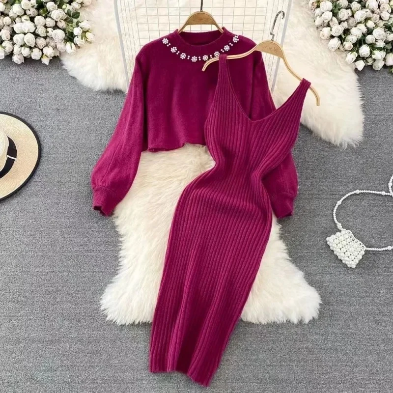 Two Piece Base Knitted Dress 2024 Autumn and Winter New Mid to Long Style Hip Hugging Knitted Dress Set Sweater Inner Layer