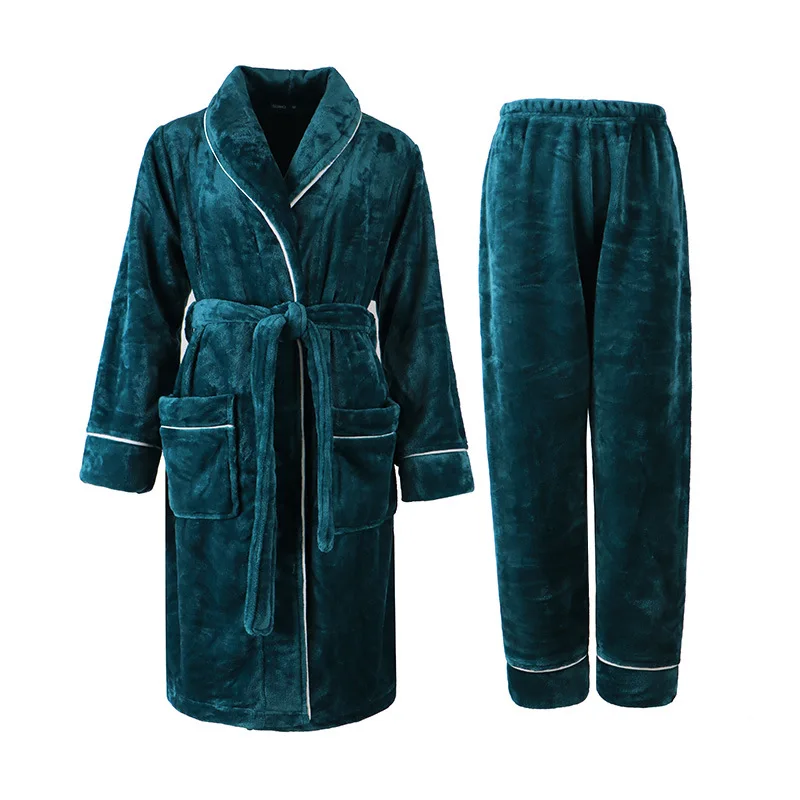 Thickened Flannel Pajamas For Men Women Warm Robe With Pants Autumn Winter Coral Fleece Bathrobe Nightwear Home Wear