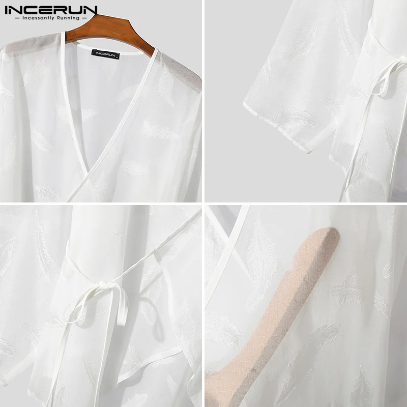 INCERUN-Tops de estilo coreano para hombre, camisas de Organza Sexy con correa de plumas, cárdigan fino de manga larga, blusa S-5XL, 2024