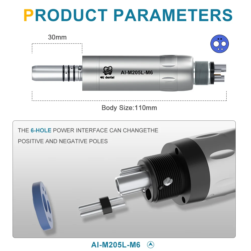 

AI-M205L-M6 Dental Air Motor Internal Water Spray​​ LED Illuminated Low Speed Handpiece Connection for Precision Procedure