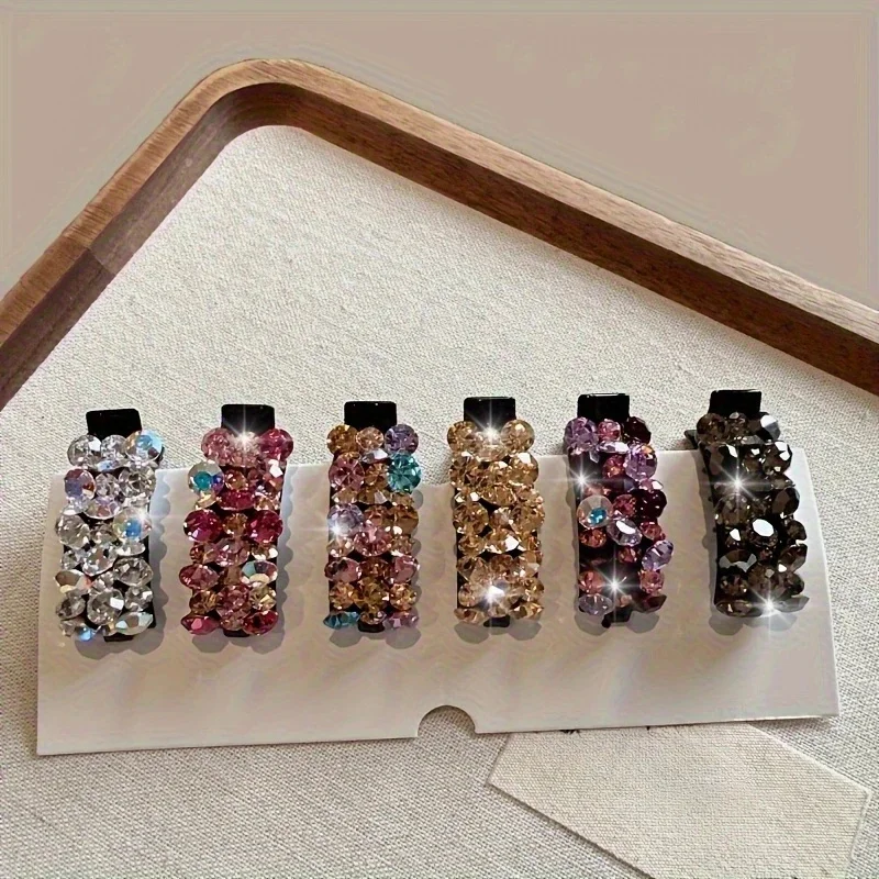 Pinces à cheveux élégantes en strass pour femmes, 6 pièces, petites pinces latérales colorées en cristal scintillant, poignées antidérapantes en bec de canard, accessoire pour cheveux