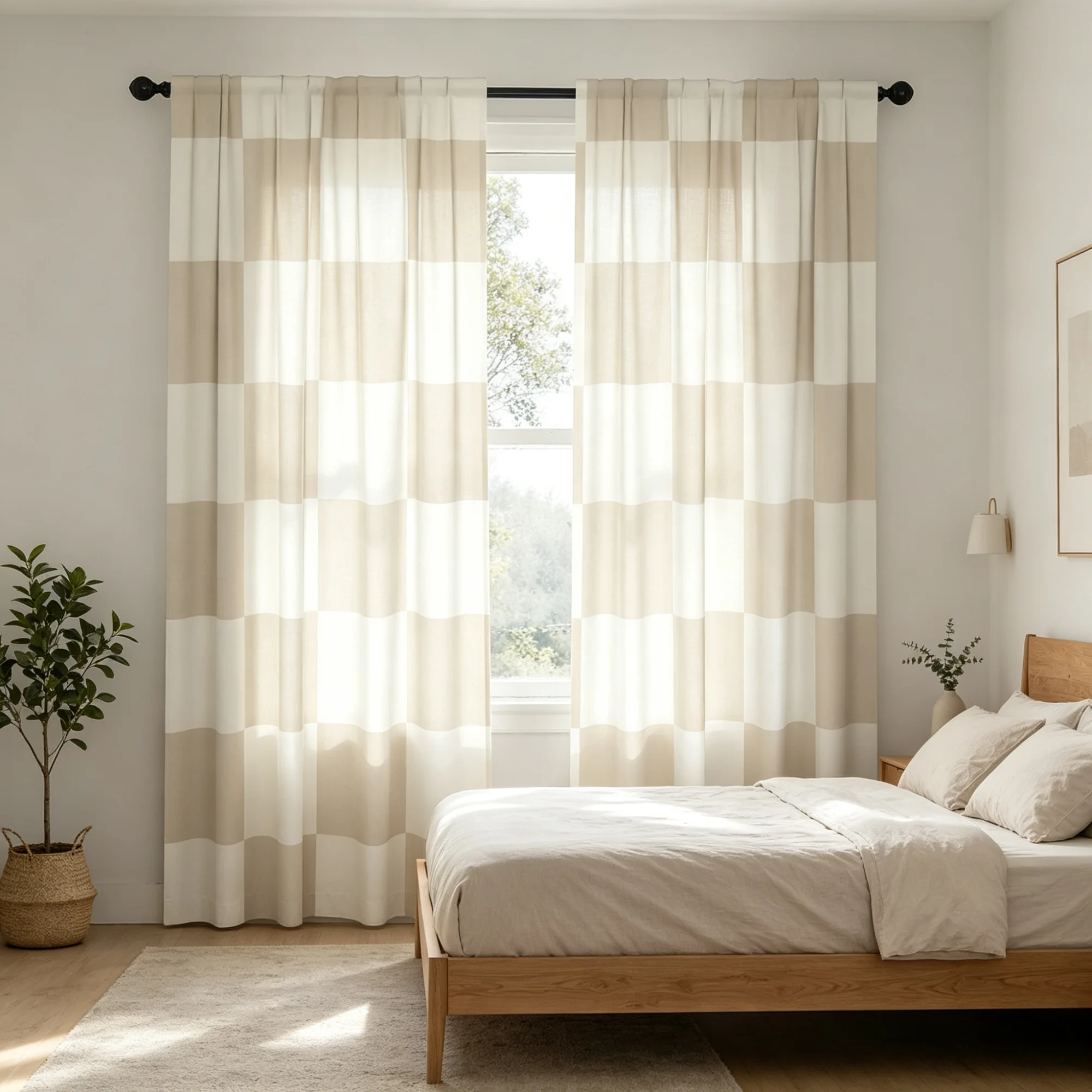 Geometric Plaid Curtains in Mushroom And Cream for Minimalist Bedroom And Living Room - Simple Elegant Design for Serenity And C