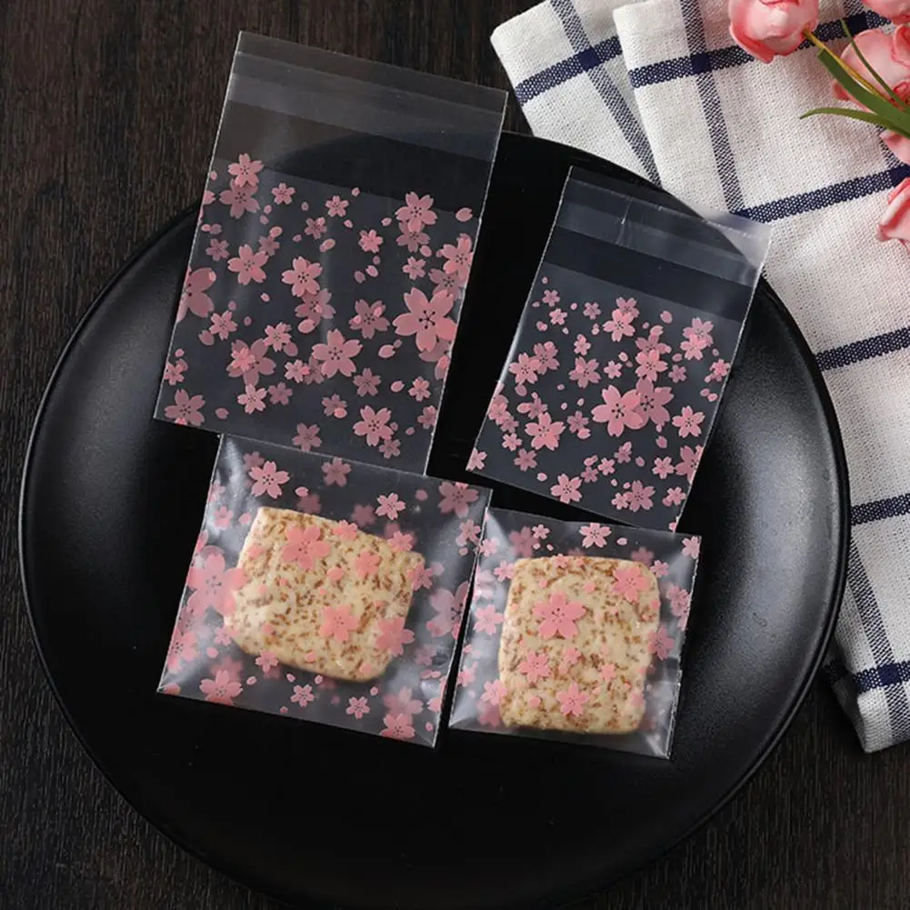 

100Pcs/Set Self Sealing Bag，Pink Cherry Blossoms Storage Bag，Transparent Flower Printing，Clear Square，Self-Adhesive Storage Bags