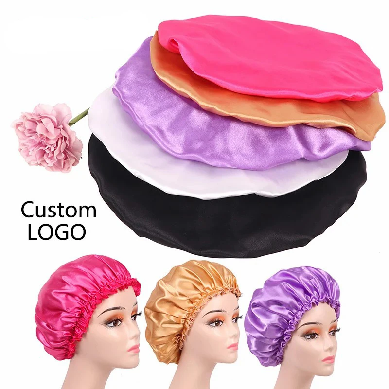 Bonnet en Satin Solide avec Logo/Nom Personnalisé pour Femme, Soyeux, pour le Sommeil, le Sauna, Envelopper les Cheveux, Double Couche Ajustable, 20 Pièces