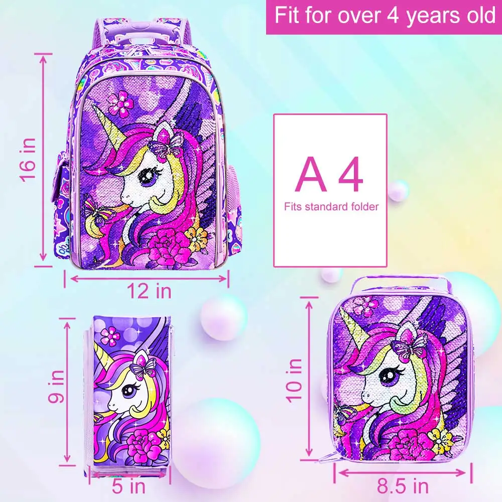 3PCS Unicorn Backpack for Girls, 16\