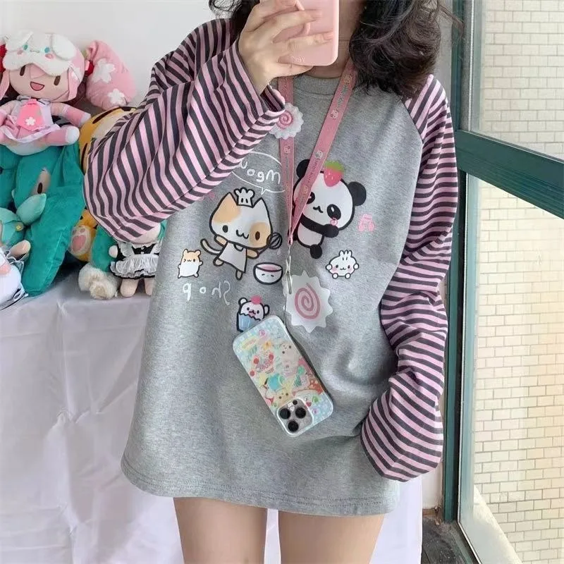 Cute Panda Cat Print Kawaii Clothes Striped Raglan Sleeve T-shirt Round Neck Tee for Girls Y2k Cuteore Women's Long Sleeve Top