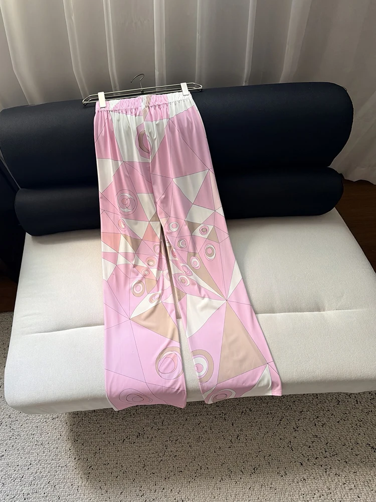 Spring Summer Fashion Outdoors Indoor Casual Geometric Print Trousers Women's Elastic Waist Slim Pockets Straight Barrel Pants