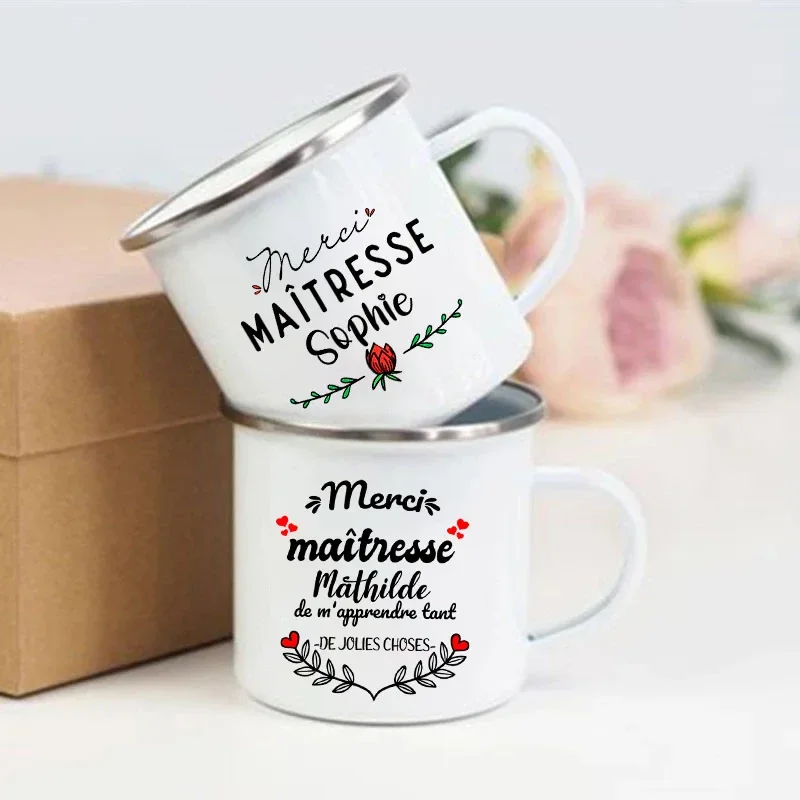 Personalised Custom Name Mug Merci Maitresse Coffee Cups Drinks Water Cup Enamel Mugs School Home Handle Drinkware Teacher Gifts