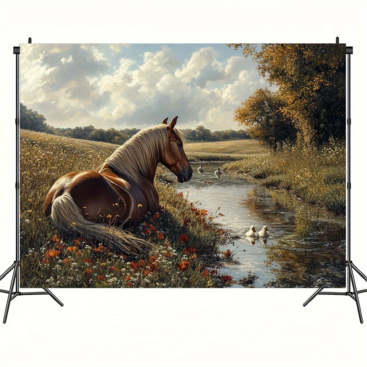 Brown Horse Resting By River With Ducks And Wildflowers Background Cloth For Photo Studio Use
