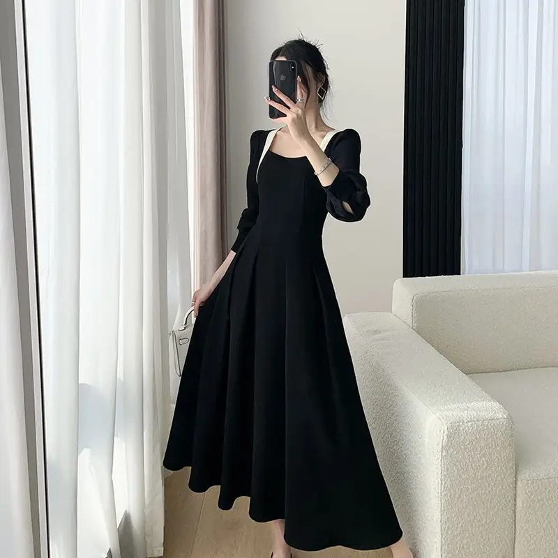 

Women Clothing 2023 Spring Autumn New Arrivals Korean Fashion Elegant Waist Slim High Quality Long Black Women's A-line Dresses