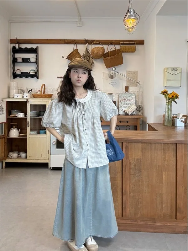 

Ретро-японская клетчатая рубашка с рукавами-фонариками, женская, весна 2026, новая, на пуговицах, свободного кроя, с кружевным круглым вырезом, топ в деловом стиле, с эффектом омоложения