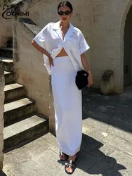 Oymimi set Casual in cotone bianco per donna 2 pezzi eleganti pantaloncini con risvolto camicie con bottoni e gonne dritte a vita alta