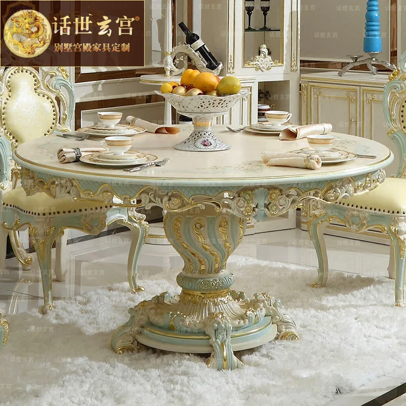 

European painting round table French court villa deluxe dining table rococo painted custom restaurant tables and chairs