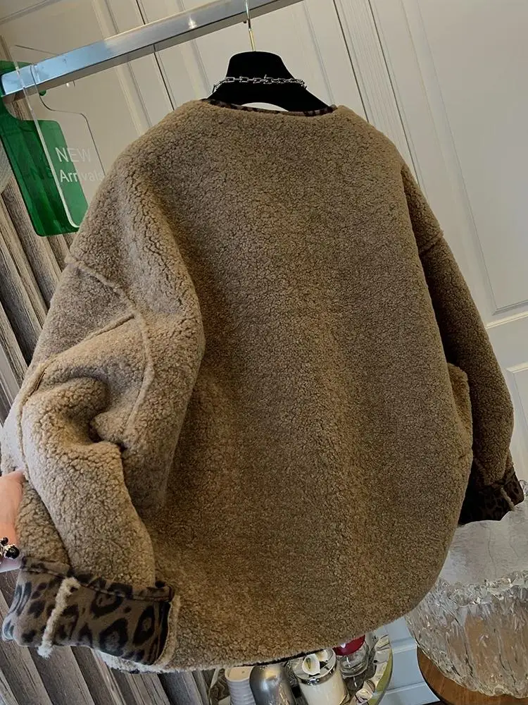 Women Fashion O-Neck Single Breasted Long Sleeve Jacket Autumn Winter Leopard Coat Female High Street Warm Jacket