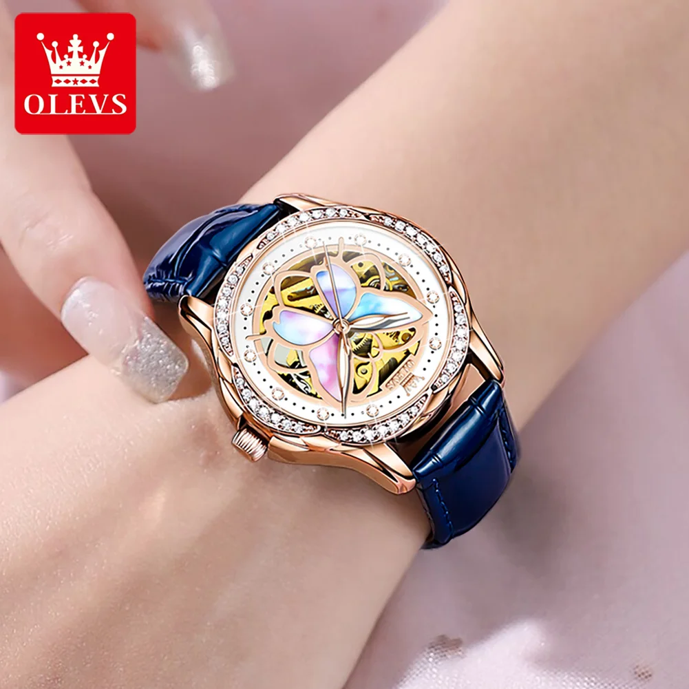 OLEVS-reloj mecánico con correa azul para mujer, reloj de pulsera Original con esqueleto automático de diamantes, elegante conjunto de relojes para