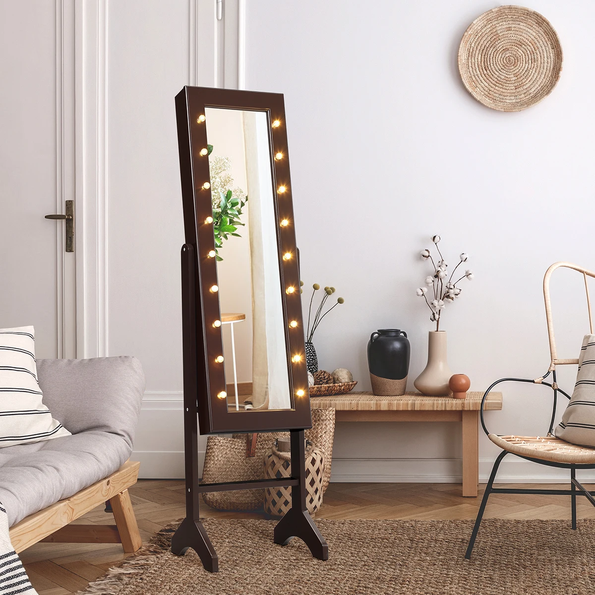 Armoire à Bijoux en Miroir Autoportante, 18 Lumières LED Brunes