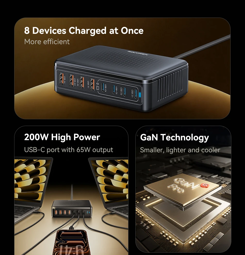Rocoren 200W GaN-Ladegerät 8-in-1 Desktop-Schnellladegerät für iPhone 18 17 Pro Max Samsung USB Typ-C Ladegerät Tragbare Powerstation – Detail 3
