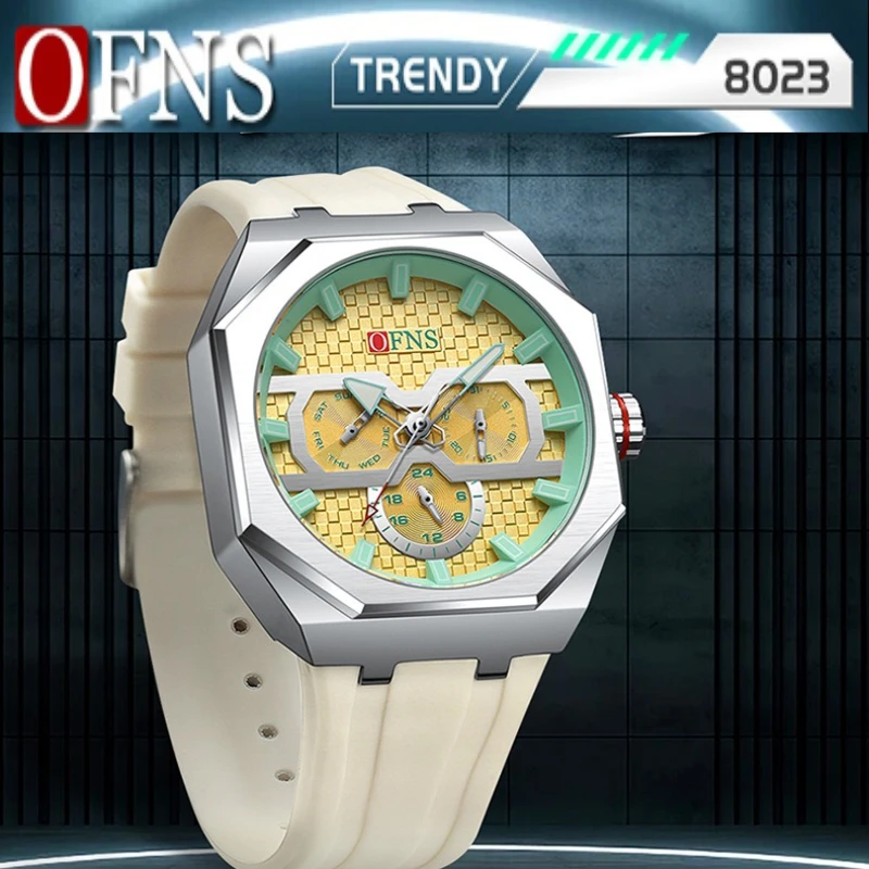 OFNS 8023 Fashion Quartz Men's Watch with Armor Scales Three Eyes Six Needles Waterproof Luminous Quartz Watches for Men Relojes