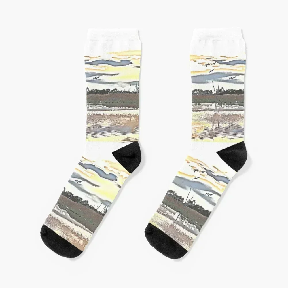 Pelicans at sunset - mixed media 1 Socks floor luxury designer Crossfit Socks Girl Men's