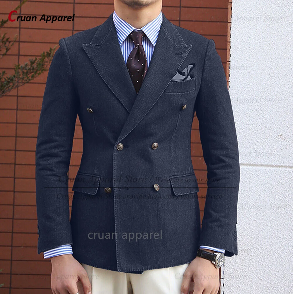 (One Blazer) Classic Denim Men Suit Coat Casual Party Fashion Costumes 2023 Newest Tailor-made Slim Fit Double Breasted Jacket