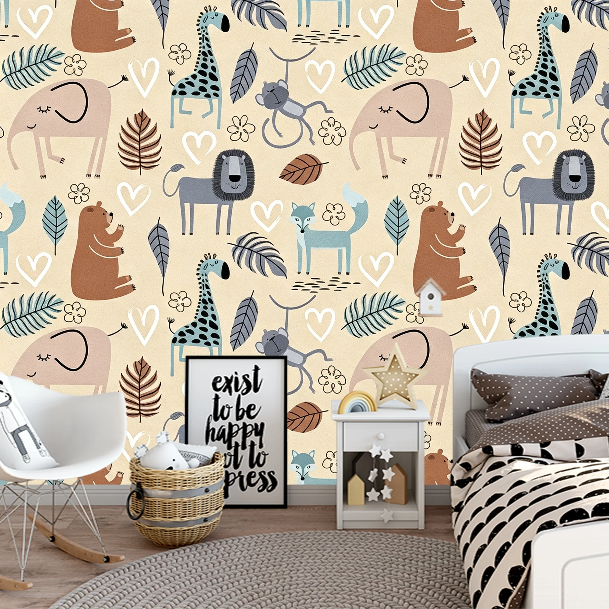 Milofi Custom Mural Wallpaper Cartoon Safari Jungle Animal  Neutral Beige Kids Nursery Wall Decor Papel De Parede