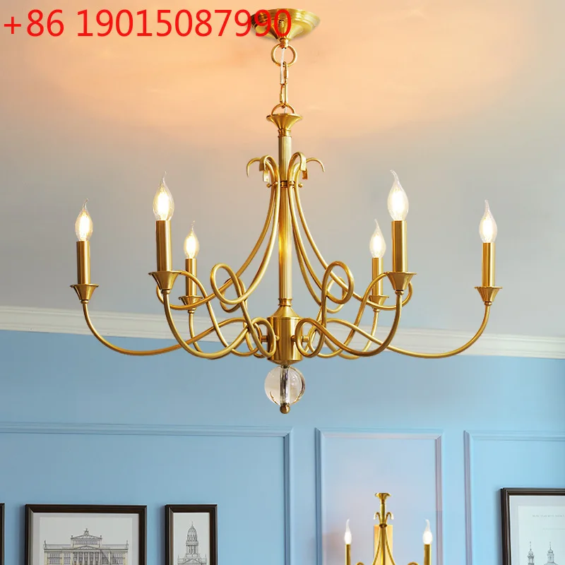 

Полностью медная люстра для гостиной, простые ретро-кантри, столовая, свеча, бронза, спальня, хрустальные старые лампы
