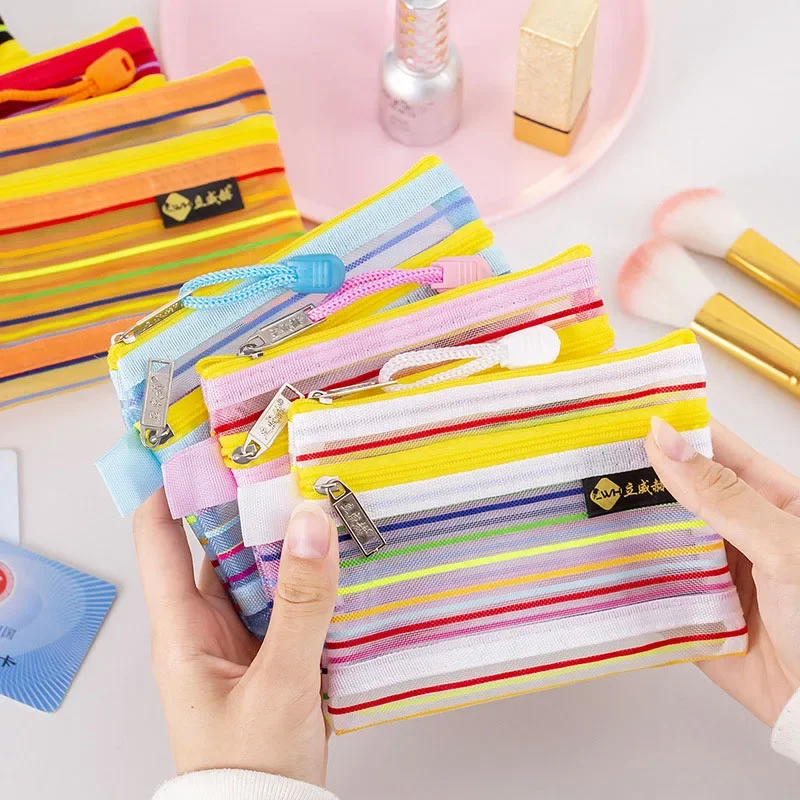 Rainbow Clear Mesh Coin Purse Patchwork Double Layer Women Girl Mini Transparent Card Holder Storage Bag Pouch Korean Style