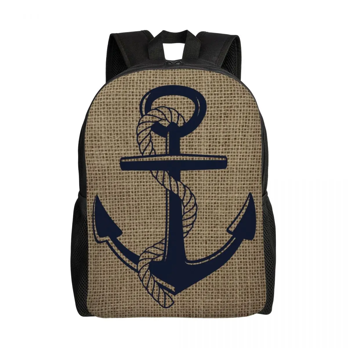 Nautical Burlap Anchor Graphic Backpacks for Boys Girls Navy Ocean School College Travel Bags Bookbag Fits 15 Inch Laptop