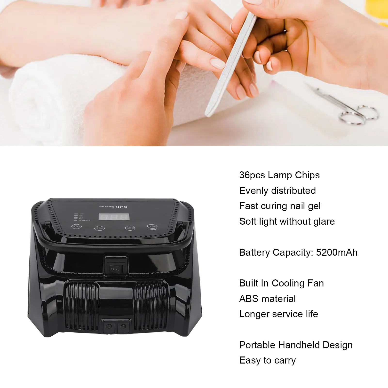 เครื่องเป่าเล็บเจลยูวีแห้งเร็ว36หลอดชิป4จับเวลาแบบชาร์จไฟได้โคมไฟเล็บ LED สีดำ72W