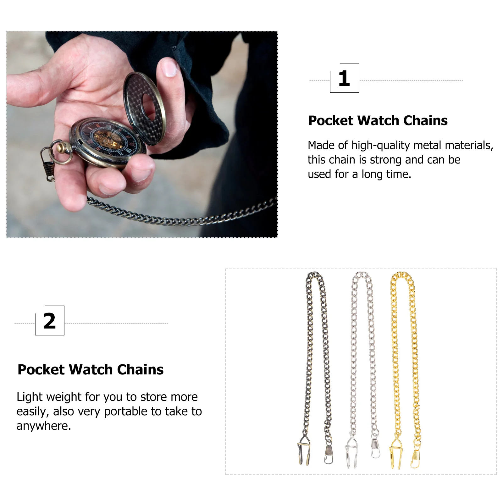 3 Pcs Pocket Watch Chains Silver Gold Bronze Metal Retro Necklace Making Supplies for Men Lightweight Portable