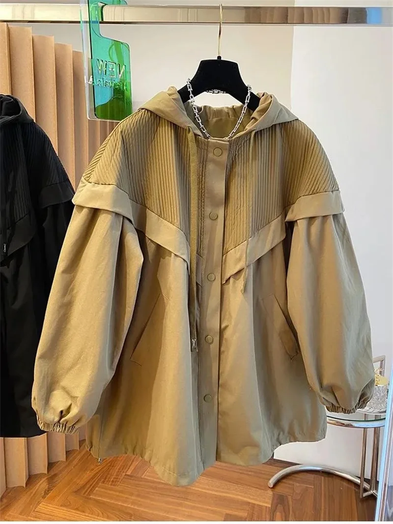 

Hooded Windbreaker Coat Women Medium and Long 2023 Spring and Autumn New Korean Version Of Loose and Slim Stitching Tooling Top